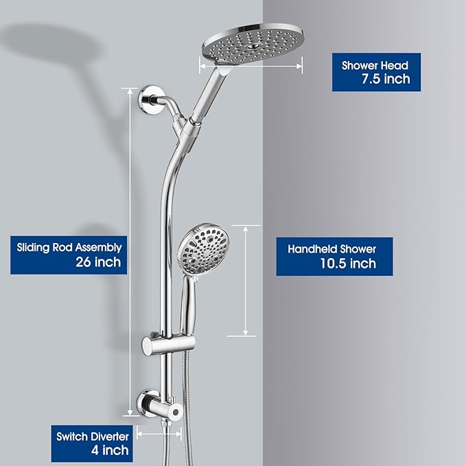 UCLIMAA High Pressure Shower Head with Handheld Shower, 26" Adjustable Height Drill-Free Slide Bar, 3-Way Diverter for Easy Reach, Dual Shower Head Combo Set with 5ft Hose - Chrome