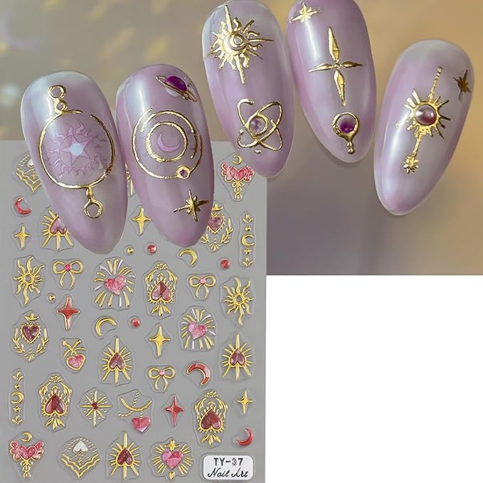 Stars Moon Nail Art Stickers Self-Adhesive Gold Stars Moon Hearts Nail Decals Designs Holiday French Tip Nail Sticker Valentine DIY Manicure Decoration Supplies Accessories for Women