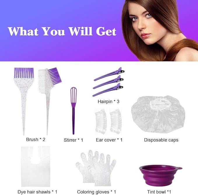 Hair Dye Color Brush and Bowl Set, Color Bowl Brushes Tool Mixing Bowl Kit Tint Comb for Hair Tint Dying Coloring Applicator (Purple&Clear)