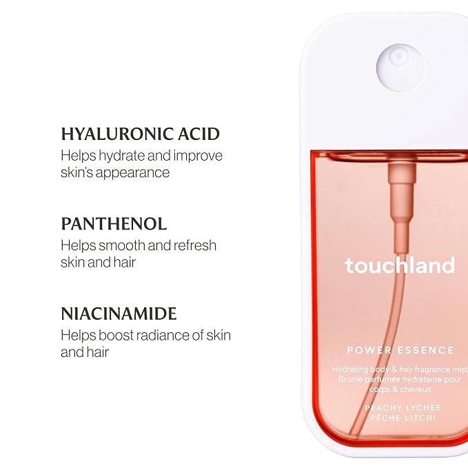 Touchland Power Essence Hydrating Body & Hair Fragrance, Peachy Lychee, 2 FL. OZ. Travel Size Body Mist