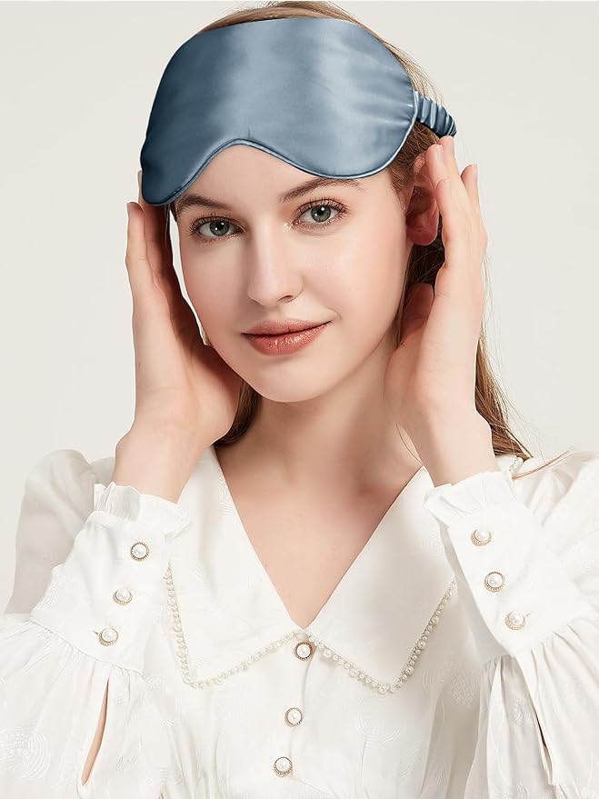 SILKTALE Mulberry Silk Blackout Adjustable Sleep Eye Mask for Men/Women Travel Plane,Ash Blue
