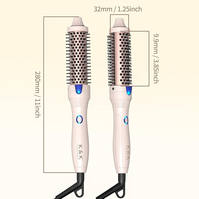K&K 1.25 inch Volumizing Brush Heated Curling Ceramic Tourmaline Ionic Curling Iron Quick Heating Makes Hair Silky Smooth Dual Voltage Travel-Friendly Straightening Round Design (Pale pink, 1.25 Inch)