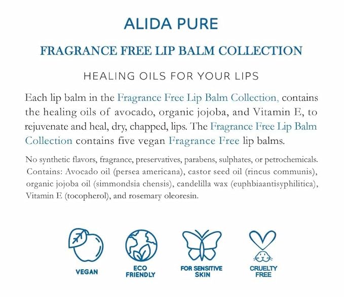 ALIDA PURE Fragrance Free Lip Balm, Vegan Set, Unscented, No Flavor, Beeswax Free, Organic Jojoba and, Avocado Oil, Vitamin E, Natural Moisturizer for Dry, Chapped, or Cracked Lips, 5 Tube Set