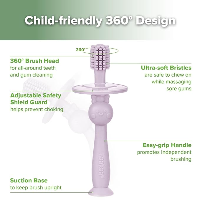 haakaa 360° Baby Toothbrush with Suction Base - Gentle Cleaning for Infant Self-Brushing Training, Sorft Food-Grade Silicone, Baby Teething Relief - Lavender, 1 Count