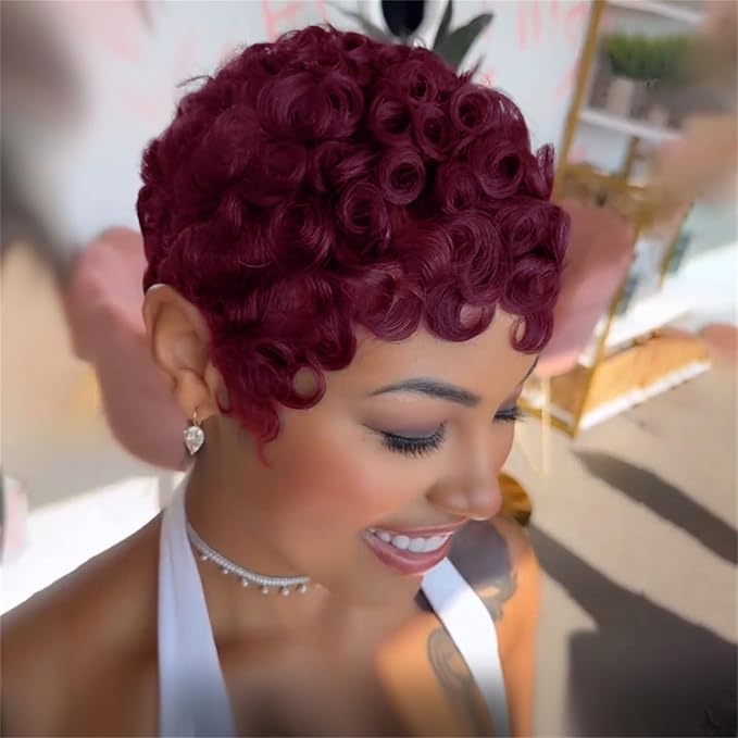 Short Curly Pixie Wig for black women human hair Burgundy Wine Red Color Short Layered Curly Wigs Glueless 99J No lace front Human Hair Pixie Cut Wig