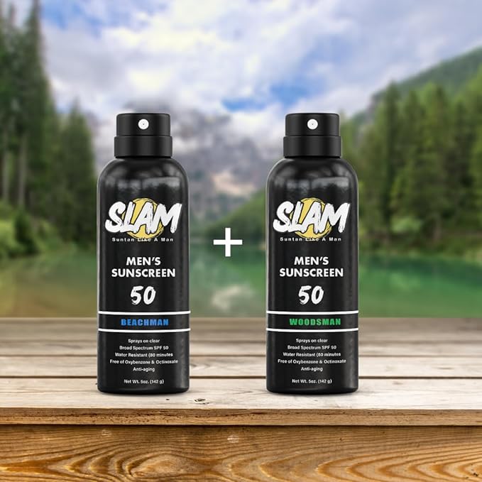 SLAM WoodsMan & BeachMan Bundle - Men's Scented Sunscreen, Sunscreen Spray, Water Resistant Sunscreen, Paraben Free, Broad Spectrum UVA/UVB Sunscreen (Large, 30, Sun Protection Factor (SPF))