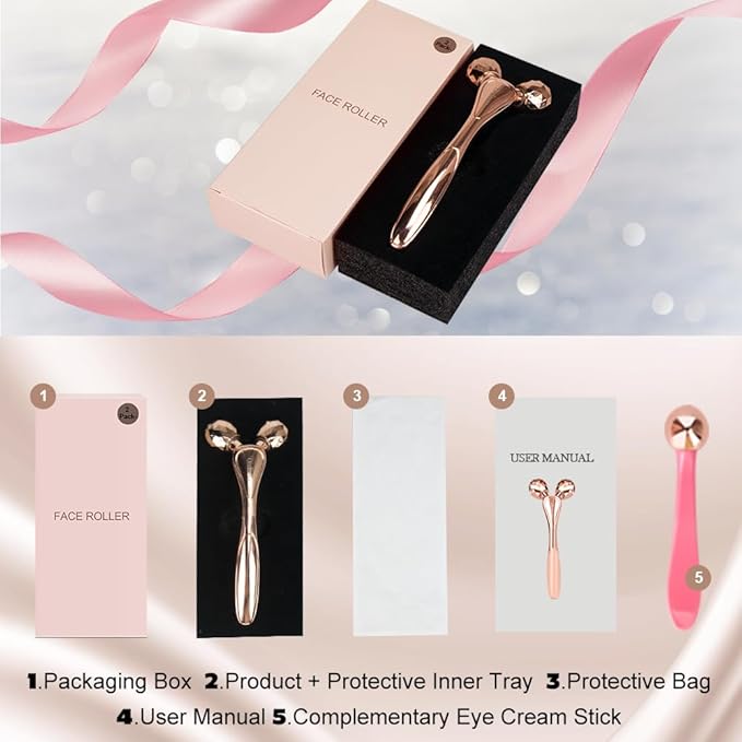 ORCLEENA 3D Face Roller Metal Facial Massager Face Sculpting Gua Sha Massage Tool for Eye Skin Care Reducing Puffiness Anti-Wrinkle for Women Girl Gift Set(Rose Gold)