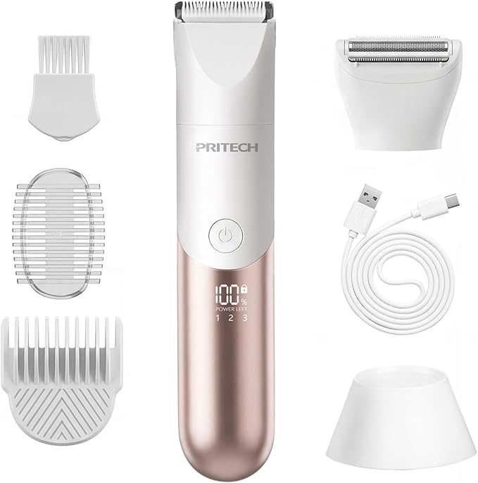 PRITECH Bikini Trimmer for Women, 2-in-1 Rechargeable Electric Razors for Women, Waterproof Pubic Hair Trimmer Women for Pubic Bikini Hair, Legs, Arms, Underarms, with Travel Lock, Champagne