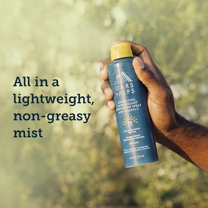 Oars + Alps Sunscreen Spray for Face & Body, SPF 50 Spray Sunscreen Infused with Vitamin C & Antioxidants, No White Residue, Water & Sweat Resistant, All Skin Types, Lightweight, Hydrating, 6oz, 1pk