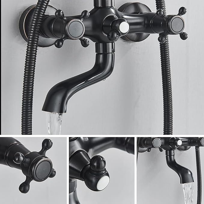 NeierThodore Oil Rubbed Bronze Shower Faucet Set Complete Shower System 8 Rain Shower 2 Cross Knobs Wall Mounted Mixer Bathroom Shower Tub Tap Bathroom Fixtures Wall Mount