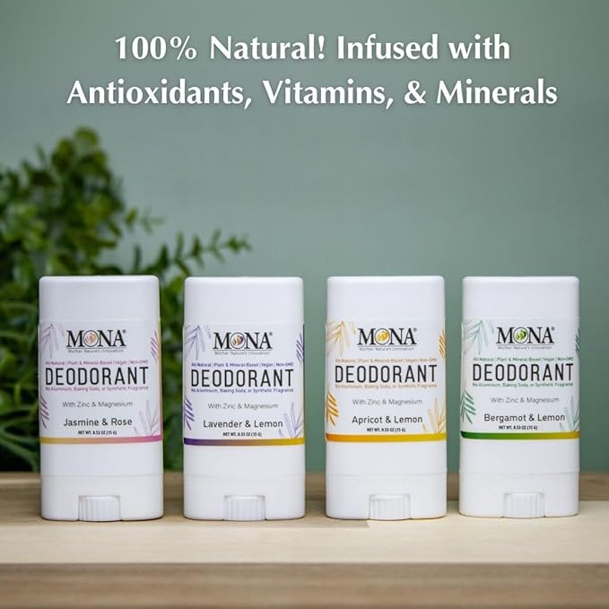 MONA TRAVEL SIZE All Natural Deodorant for Women & Men | Aluminum & Baking Soda Free Mini Deodorant with Natural Fregrance | Vegan, Skin Safe (Travel 4-Pack VAR-2 (0.53 Oz each))