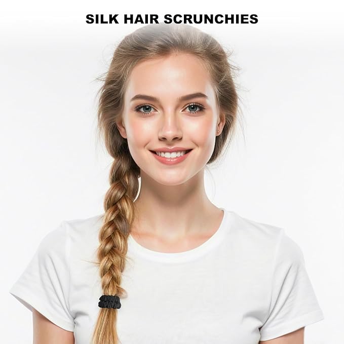 8Pcs Silk Scrunchies Hair Ties for Women & Girls, Mulberry Silk Scrunchies No-Damage Thin Satin Ponytail Holders for Hair Care(Clolor 06)