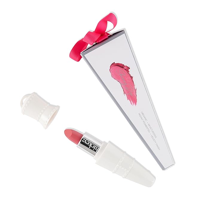 Hickey Lipstick Set - Skinny Dip (Light Pink), Refillable Silver Case with Chain, Satin Pouch & Ribbon (Wearable Necklace), Long Lasting Hydrating Velvet Finish Lipstick for Women, Vegan & Gluten-Free