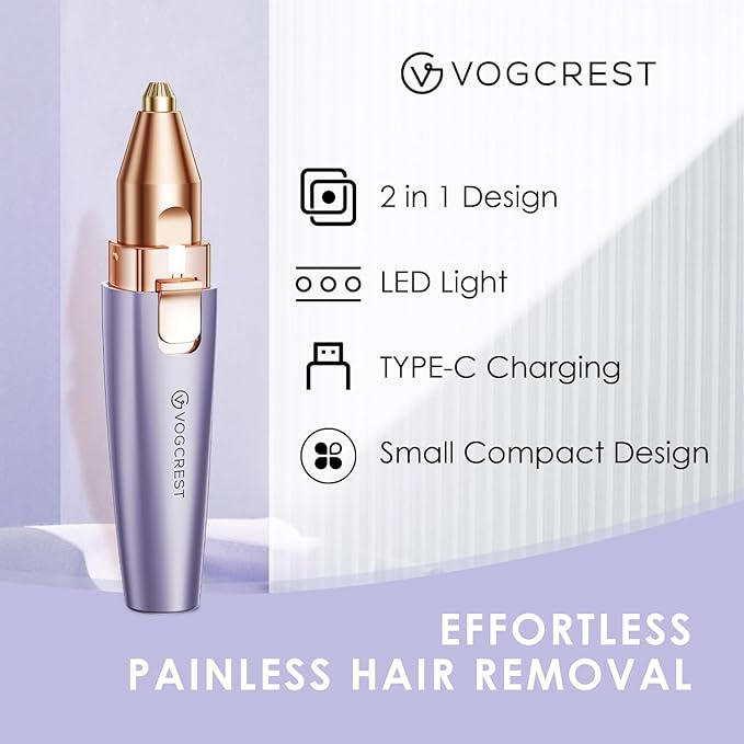 Eyebrow Facial Trimmer: 2 in1 Rechargeable Facial Hair Removal and Eyebrow Shaver - Face Lips Body Painless Facial Razor with Built-in LED Light (Solar Purple)