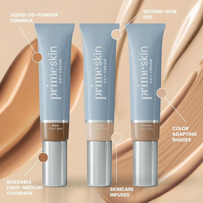Prime Prometics PrimeSkin CC+ Cream for Mature Women – Lightweight Liquid-to-Powder Foundation – Blurs Pores & Covers Age Spots – Crease-Free, Hydrating & Soft-Matte Finish for Sensitive Skin (Fair)
