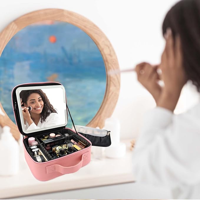 SLUMAZI Travel Makeup Bag with LED Mirror Travel Makeup Organizer with 3 Lighted Settings, Adjustable Dividers and Makeup Brush Storage Bag Pink