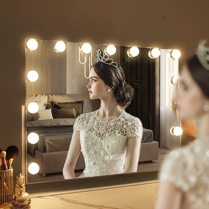 Hansong Bluetooth Vanity Mirror with Lights Hollywood Mirror with Lights and 15 Dimmable LED Bulbs Hollywood Makeup Mirror Rotation 3 Color Lighting Modes
