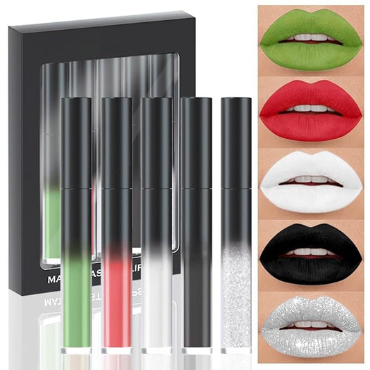 AMY'S DIARY Matte Plum Liquid Lipstick 5Pcs Sets,24-hour Lipstick Green White Black Silver Red Lip Stain 24 Smudge Waterproof for Women (Set07)