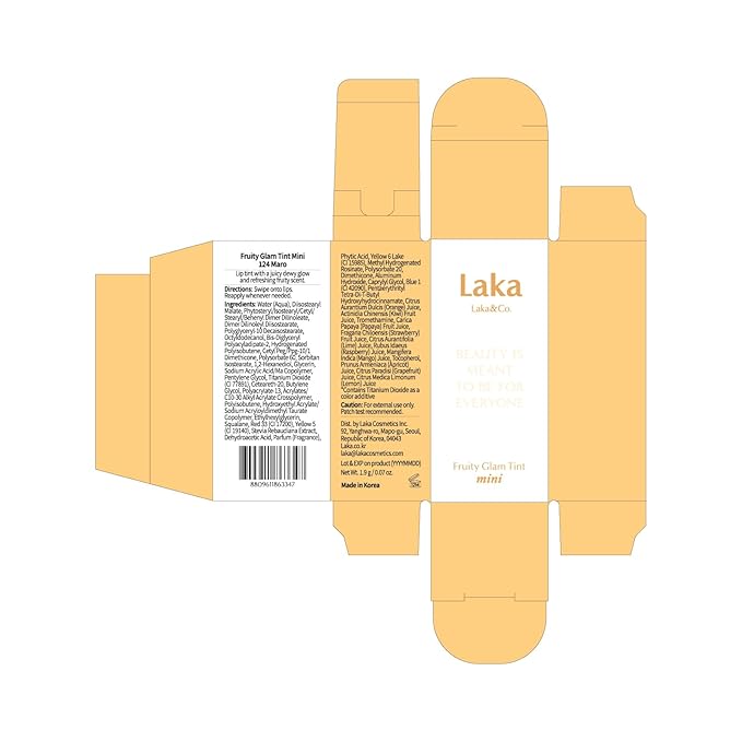 Laka Fruity Glam Tint, 4.5g/0.15oz, Glowing Lip Stain with Wide Color Spectrum, Hydrating & Lightweight Texture, Buildable Color, Non-Sticky, Vegan, K-Beauty (#124 Maro)