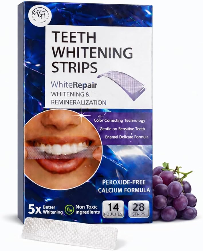 Teeth Whitening Strips, Grape Flavor Inspired, Comfort Fit Adhesive, Fresh Taste, 28 Strips in 14 Sealed Pouches, at Home Smile Brightening Routine