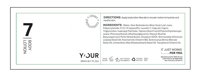 Y'OUR Ultra Hydrating Body Lotion with Niacinamide, Aloe Vera & Jojoba Oil - Even Skin Tone & Irritation Relief - Fast Absorbing, Non-Greasy, Lightweight Moisturizer for Dry, Sensitive & Normal Skin