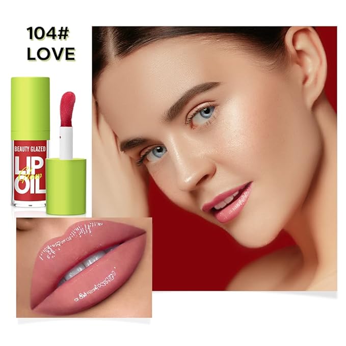Beauty Glazed Big Brush Head Lip Oil, Ultra-Hydrating & Nourishing, Smooth Glossy Finish Lip Glow Oil, Shiny and Vegan Tinted Lip Gloss, Non-Sticky Formula (2, 103# SWEET & 104# LOVE)