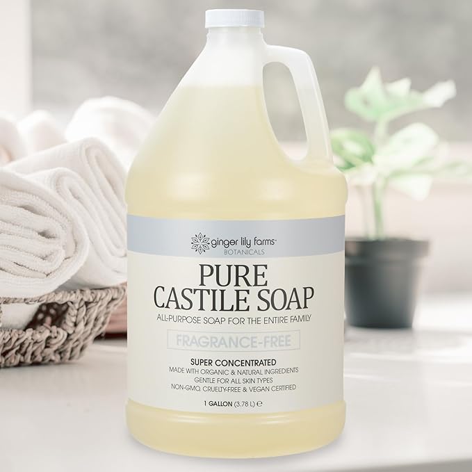 Ginger Lily Farms Botanicals Pure Castile Liquid Soap Refill, Fragrance-Free, 1 Gallon, All-Purpose Cleaner for Body, Face, Hair, Dishes, Laundry & Pets, Non-GMO, 100% Vegan & Cruelty-Free