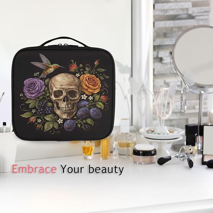 ALAZA Travel Makeup Case, Day of The Dead Skull Rose Humming Bird Dia Muertos Cosmetic toiletry Travel bag for Women Girls