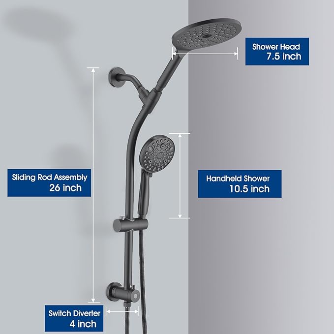 UCLIMAA High Pressure Shower Head with Handheld Shower, 26" Adjustable Height Drill-Free Slide Bar, 3-Way Diverter for Easy Reach, Dual Shower Head Combo Set with 5ft Hose - Matte Black