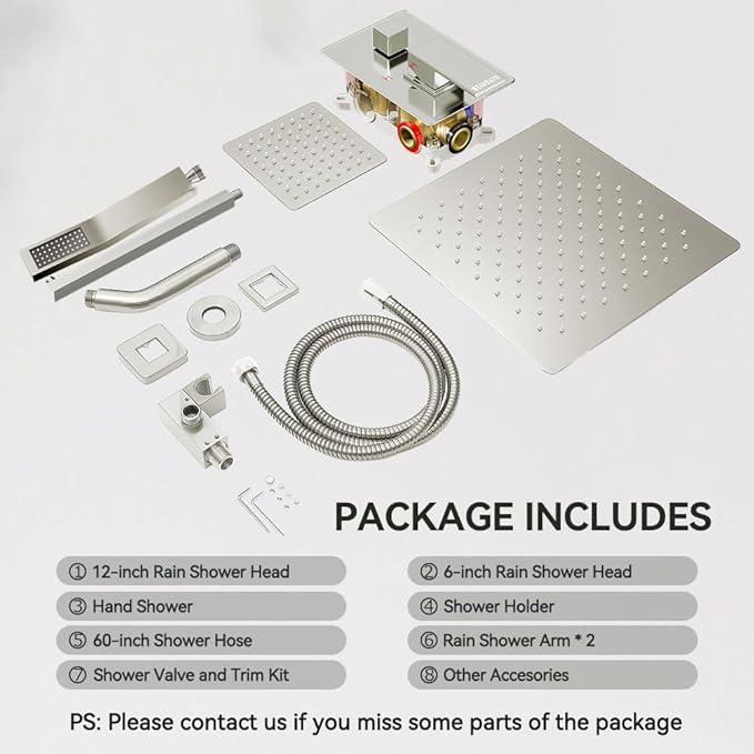 Rain Shower System Brushed Nickel, STARBATH 12+6" Dual Shower Head with Handheld Spray for Two Person, Wall Mounted Shower Faucet Set 3 Way Shower Valve with 5 Diverter and Trim Kit Complete