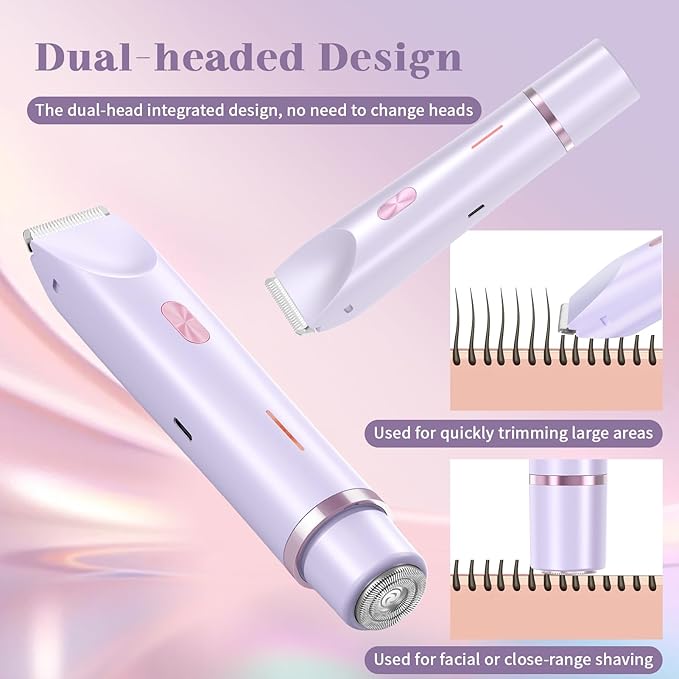 Women Bikini Trimmer, Dual-Head Hair Trimmer for Women,2-in-1 Bikini Shaver with Ceramic Blade Heads & Type-C Charging Port, Electric Razors for Women Pubic Hair,Underarms,Legs,Arms,Face(Light Purple)