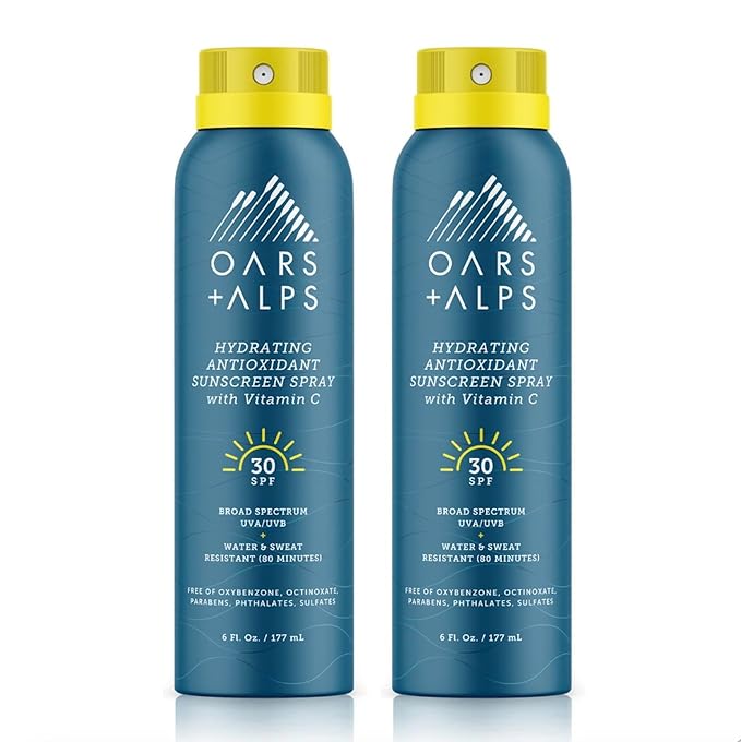 Oars + Alps Hydrating SPF 30 Sunscreen Spray, Infused with Vitamin C and Antioxidants, Water and Sweat Resistant, 6 Oz, 2 Pack