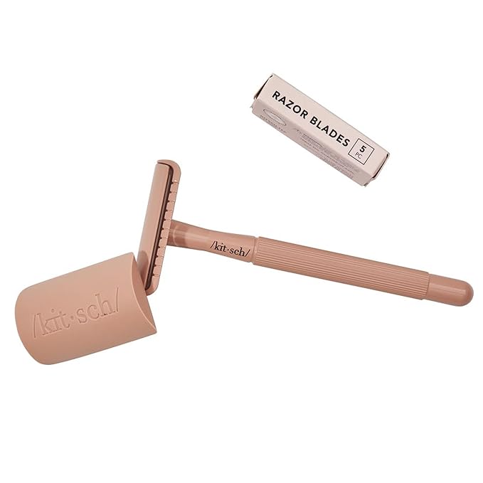 Kitsch Double Edge Safety Razors for Women and Men, Long Metal Handle and Stainless Steel Single Blade Razor with 5 Double Edge Refills, for Shaving and Travel Essentials - Terracotta