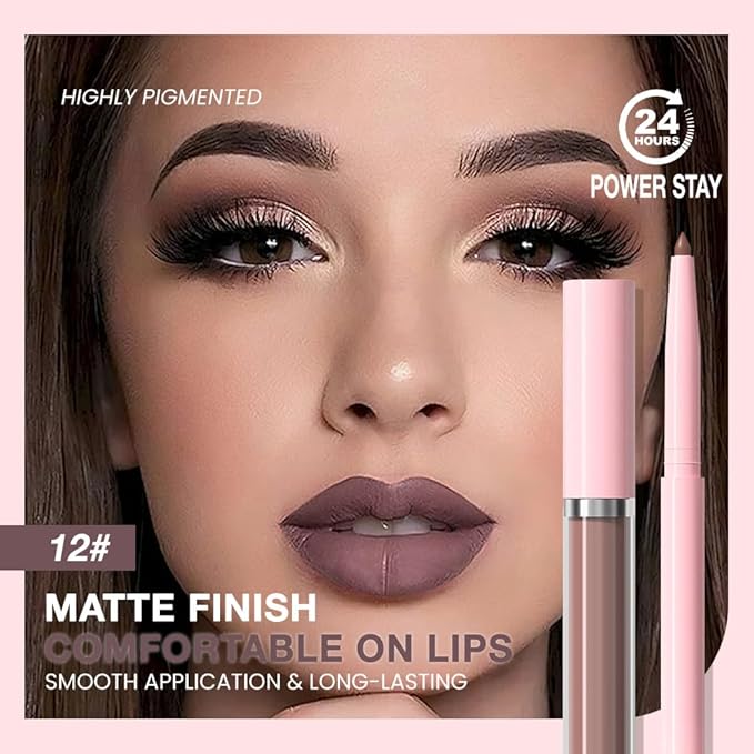 evpct Retractable 1Pcs Lip Liner Pencils and 1 Pcs Lip Gloss Makeup Set for Shaping & Sculpting Lips, Taupe Long-Lasting Waterproof Longwear Matte Rich Lip Colors Liner Crayon Liquid Lipstick 12#