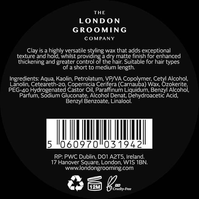 The London Grooming Company Hair Clay for Men - Firm, Matte, All-Day Hold | Easy Wash Out | 1.7 Fl Oz (50ml)