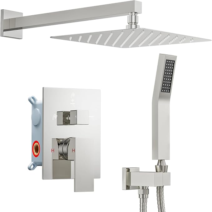 Shower Faucet Set Chrome Shower System, Starbath 12" Rain Shower Head and Handheld Spray Shower Set Complete Wall Mounted, 2 Way Pressure Balance Shower Valve and Trim Kit Included