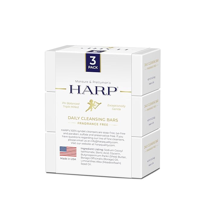 HARP® Fragrance Free Body Wash Bar – pH Balanced (5.0–6.0) Syndet Cleanser, No Lye, Non-Comedogenic, Gentle for Sensitive & Dry Skin, With Shea Butter & Borage Oil. 3-5oz Bars.