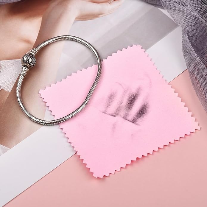 SEVENWELL 50pcs Jewelry Cleaning Cloth Pink Polishing Cloth for Sterling Silver Gold Platinum Small Polish Cloth 8x8cm