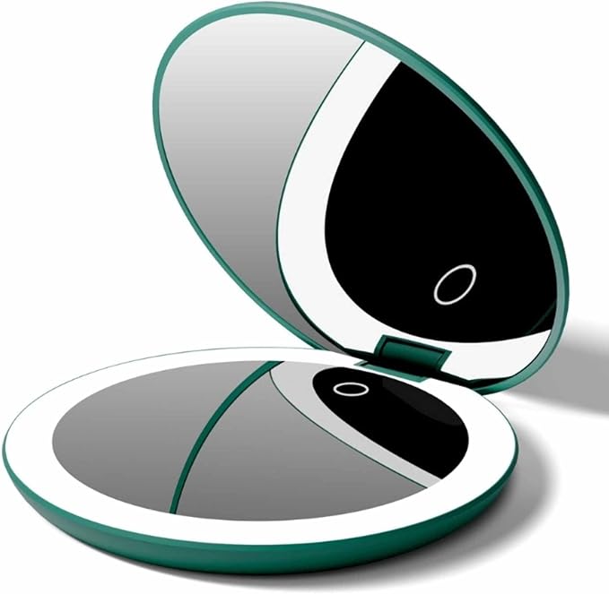 Fancii Taylor Rechargeable Travel Makeup Mirror with LED Lights, 10x /1x Magnifying, 3 Light Settings, Large 5” Wide | Compact Mirror for Purses (Emerald Envy)