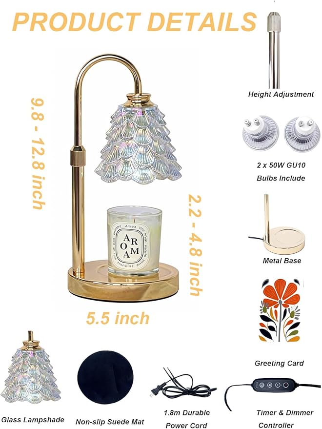 Candle Warmer Lamp, Flower Candle Lamp Warmer with time, Flameless White Lamp Candle Warmer, Adjustable Height Wax Warmer Lamp, Candle Heat Lamp for Candles, Modern Large Warming Lamp