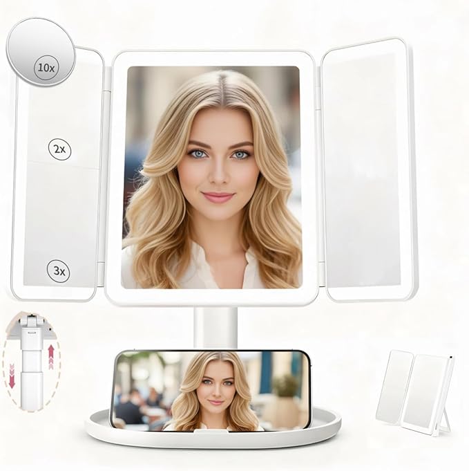 Makeup Mirror with Lights,Vanity Mirror with Lights 2X/3X/10X Magnification, Smart Sensor, Adjustable Stand & Brightness, Travel Makeup Mirror with Type-C Fast Charging 3-Colors, Gifts for Women Girls