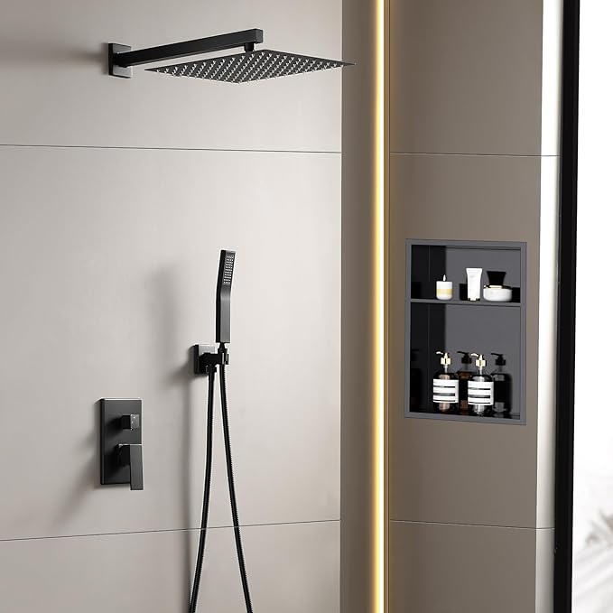 POPFLY 2-Function Matte Black Shower Faucet Set– 10 Inch Rainfall High Pressure ShowerHead & Single Function Handheld Spray, Wall Mounted Bathroom Set with Rough-in Brass Valve & Trim Kit 