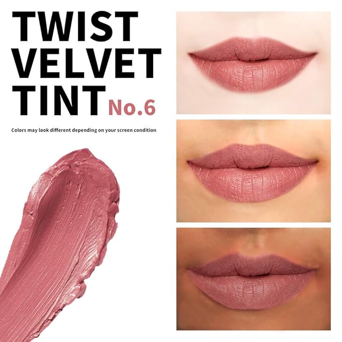 Long Lasting Lip Stain for Lips and Cheek Tint | High Pigment Color | lightweight Matte Finish | Weightless | Full Coverage | Twist Velvet Tint #6 (No.6)