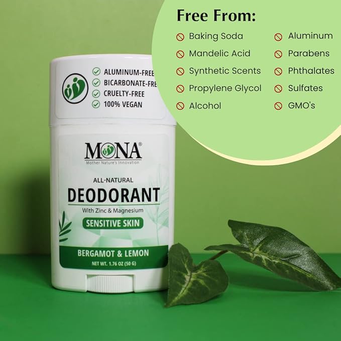 MONA BRANDS All Natural Deodorant For Women & Men | For Sensitive Skin | No Aluminum or Baking Soda | (BERGAMOT LEMON 1.76 Oz)