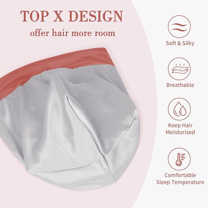 Fittia Satin Hair Bonnet for Sleeping, Silky No Frizzy for Curls Care, Adjustable Strap for Non-Slip, Dreadlocks Cap for Women&Men Brown Red