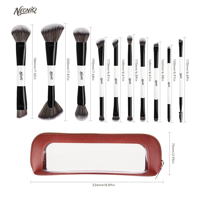 NEONIQ 10 PCS Foundation Contour Conceal Brush Set With Bag, Makeup Brushes, Double-End Multi-functional Brushes for Foundation Powder Blush Eyeliner Eyeshadows, Professional Face Brush Set(White)