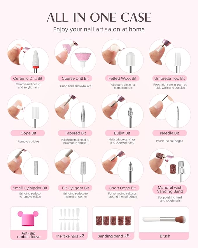 JOREST 13-in-1 Cordless Electric Nail Drill Kit with LED Display, 35,000 RPM 6-Speed Rechargeable Manicure Tool for Acrylic Gel Nails, Nail File with Bits & Sanding Bands for Beginners, Rose Pink