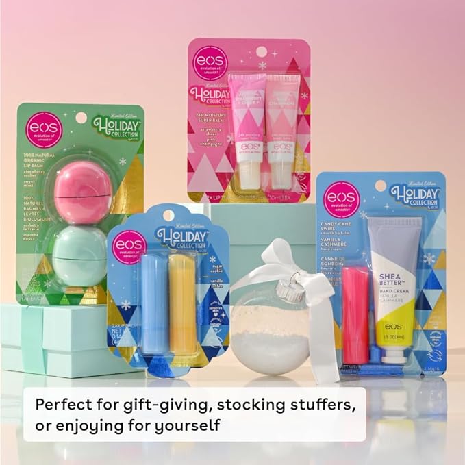 eos Holiday Lip Balm Gift- Strawberry Cheer, Candy Cane Swirl & Vanilla Toffee, Stocking Stuffers, All-Day Moisture Lip Care, 0.14 oz, 3 Count