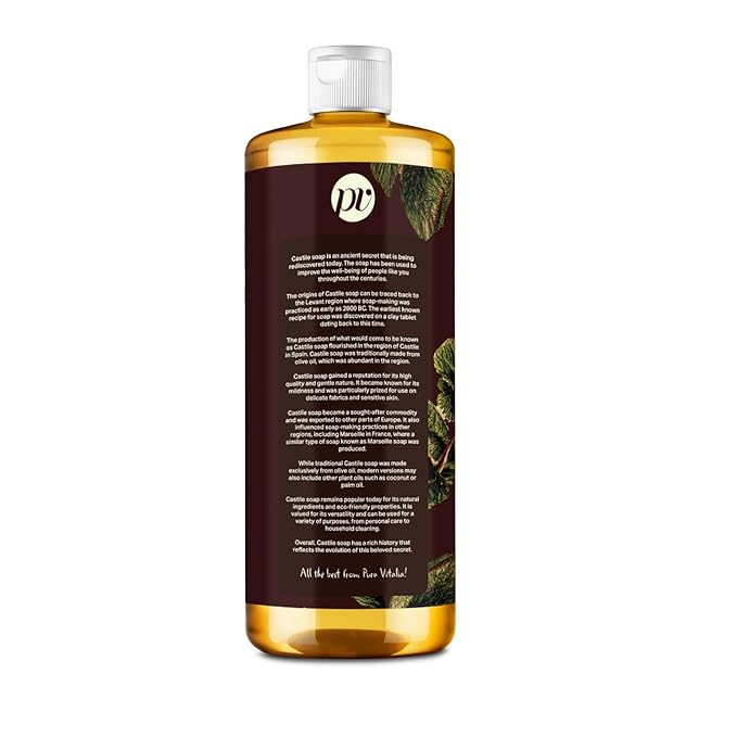 Pura Vitalia Peppermint Organic Castile Soap | Body Wash & Cleanser for Face & Hands | Biodegradable, Eco-Friendly, Palm Oil Free, Vegan & Gentle | Made with 6 Natural Ingredients - 32 oz