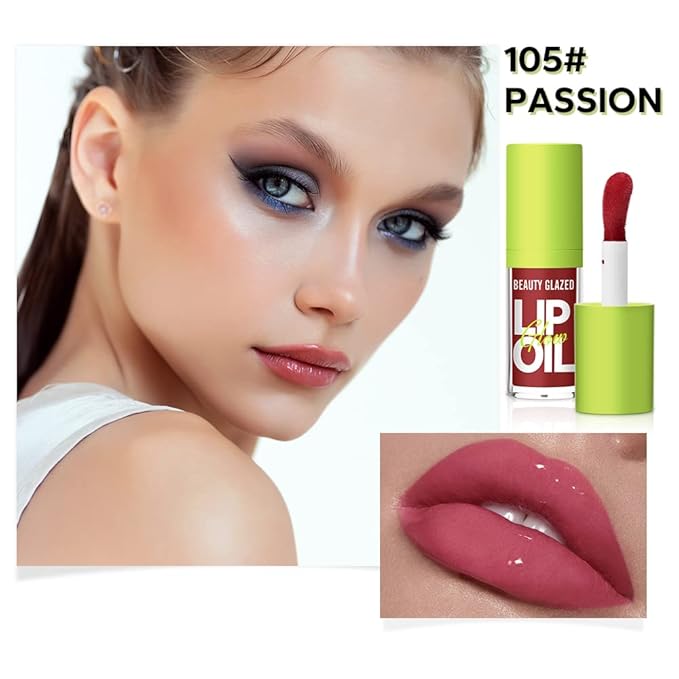 Beauty Glazed Big Brush Head Lip Oil, Ultra-Hydrating & Nourishing, Smooth Glossy Finish Lip Glow Oil, Shiny and Vegan Tinted Lip Gloss, Non-Sticky Formula (1, 105# PASSION)
